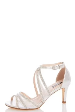 Wide Fit Silver Satin Diamante Mesh Low Heel Sandals