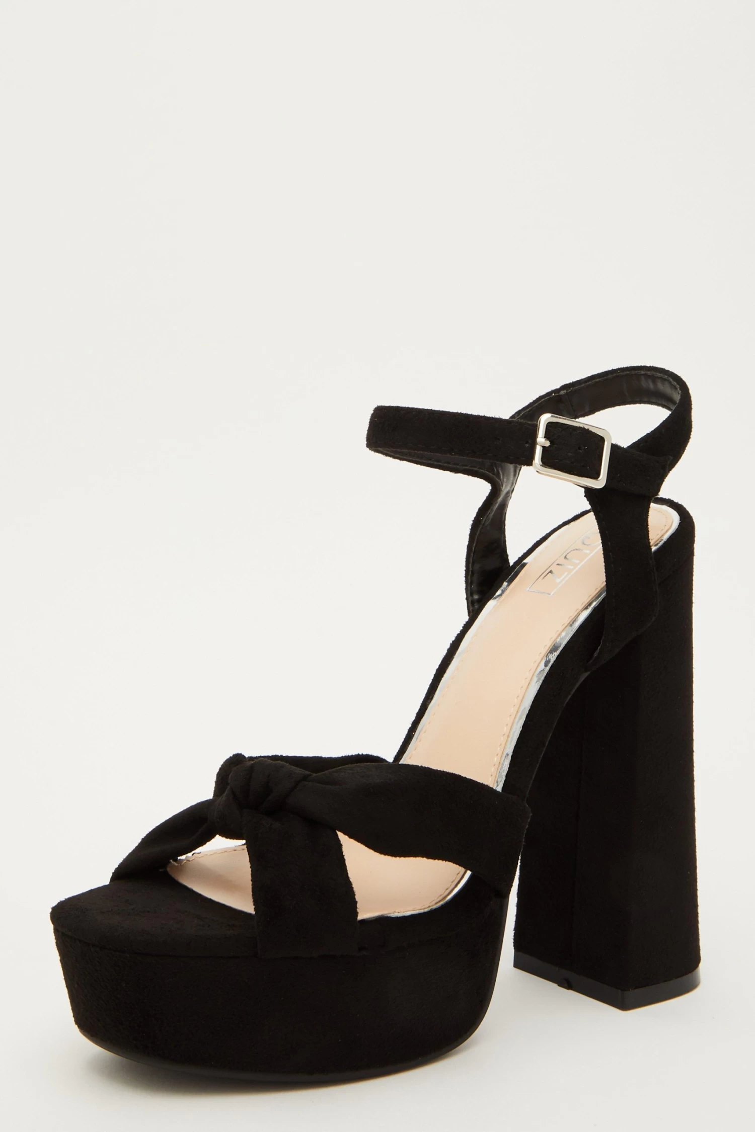 Black Faux Suede Platform Heeled Sandals - Image 3