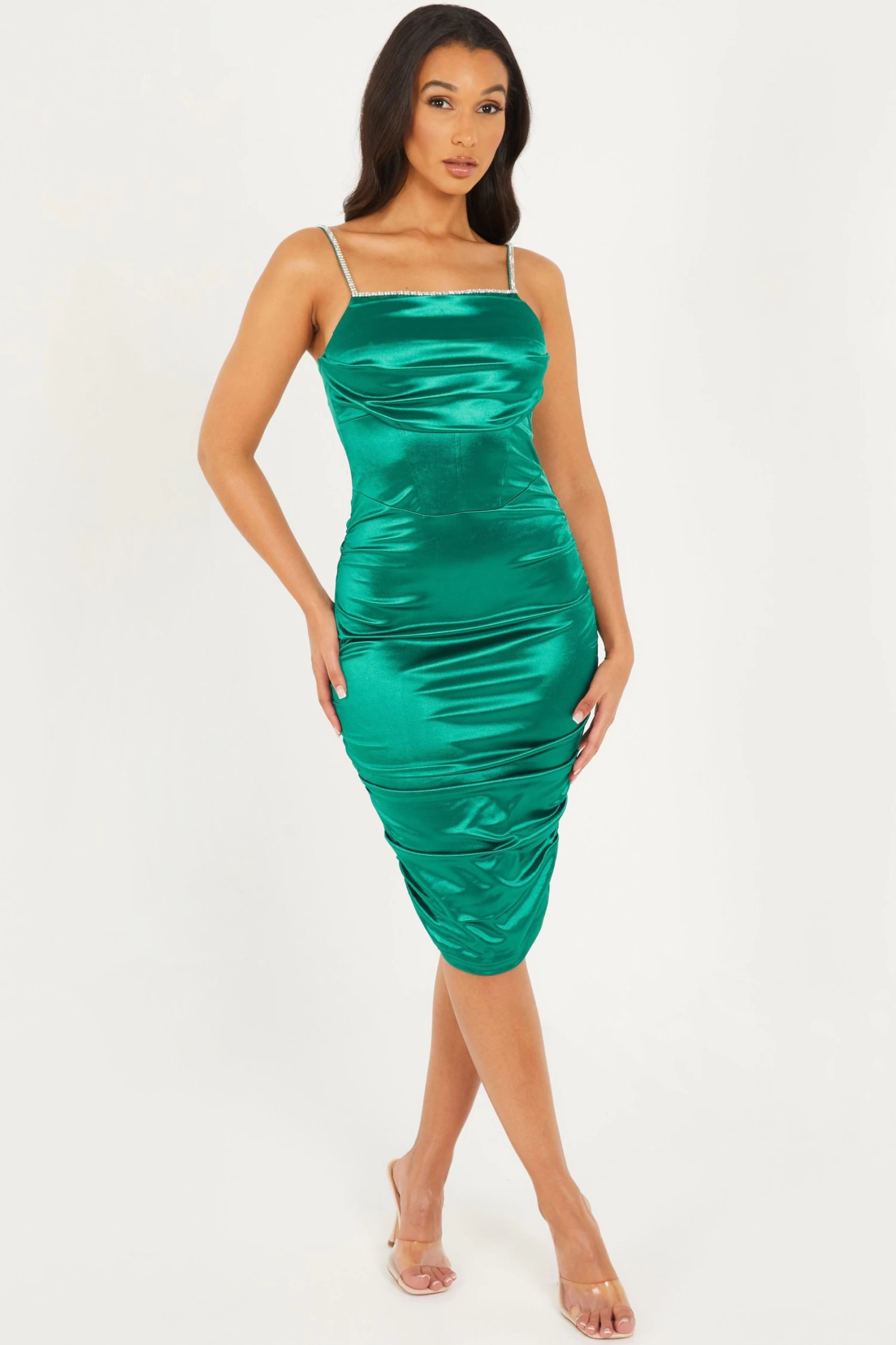 Green Satin Bodycon Midi Dress - Image 2