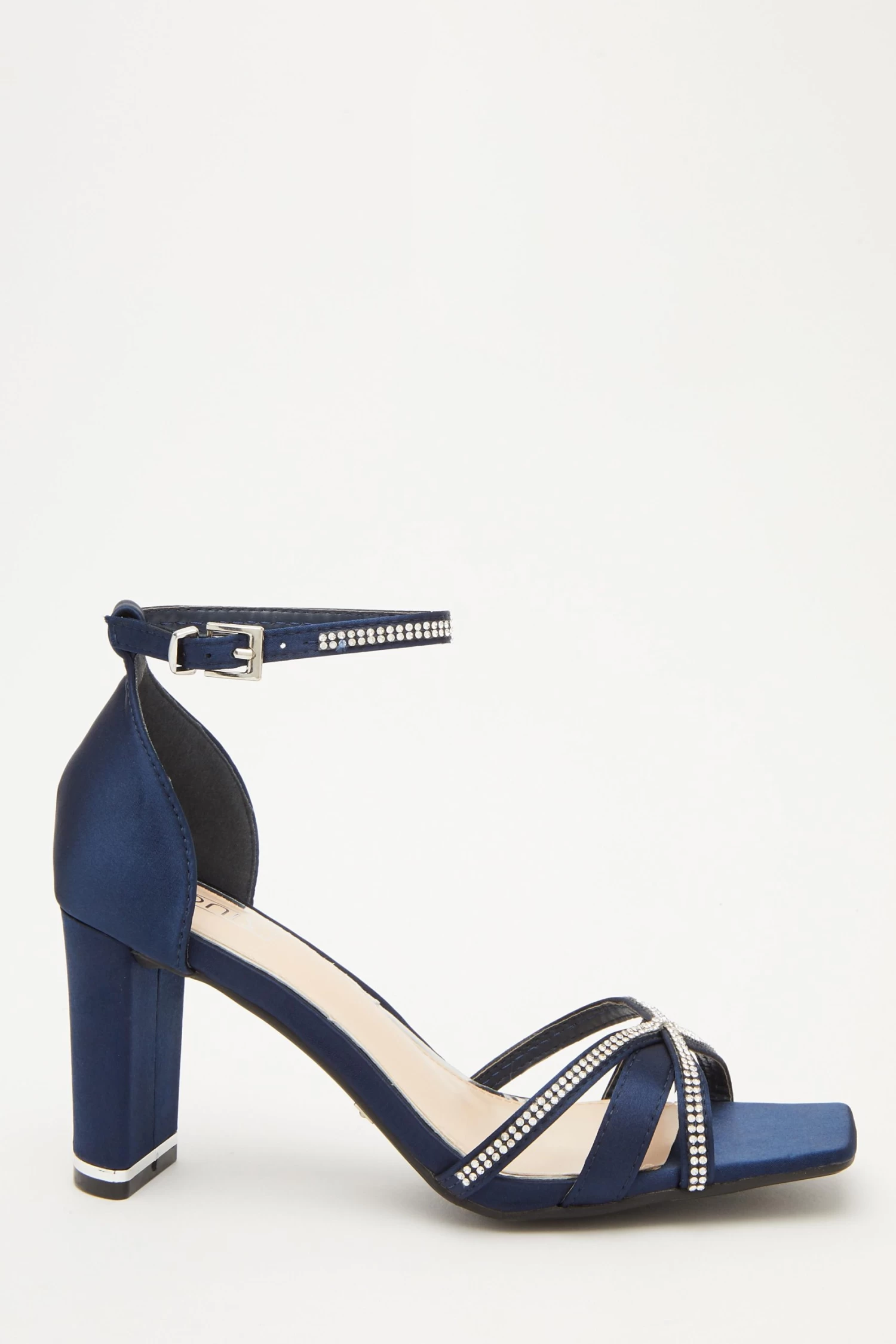 Navy Satin Cross Strap Heeled Sandals - Image 2