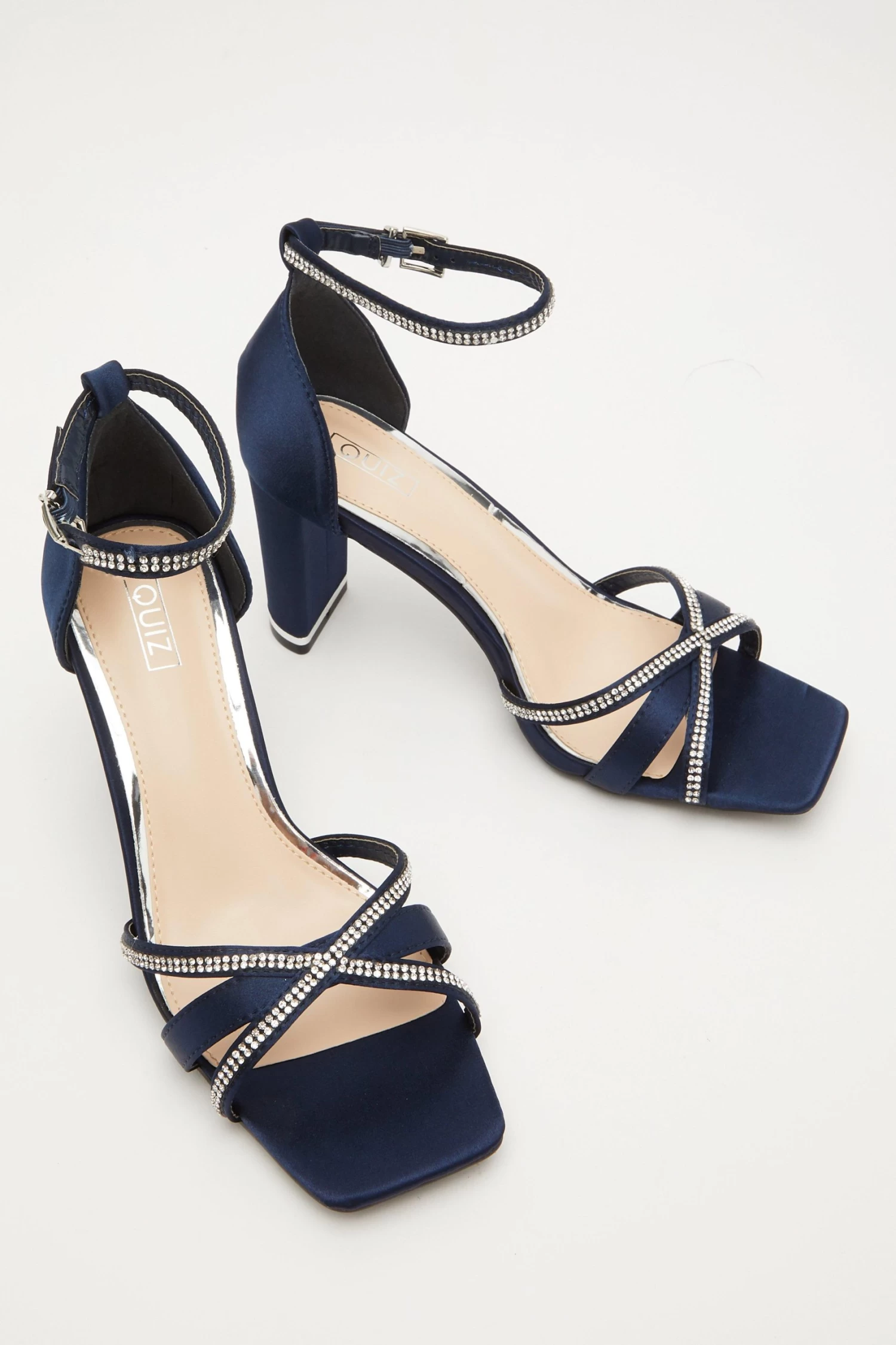 Navy Satin Cross Strap Heeled Sandals - Image 4