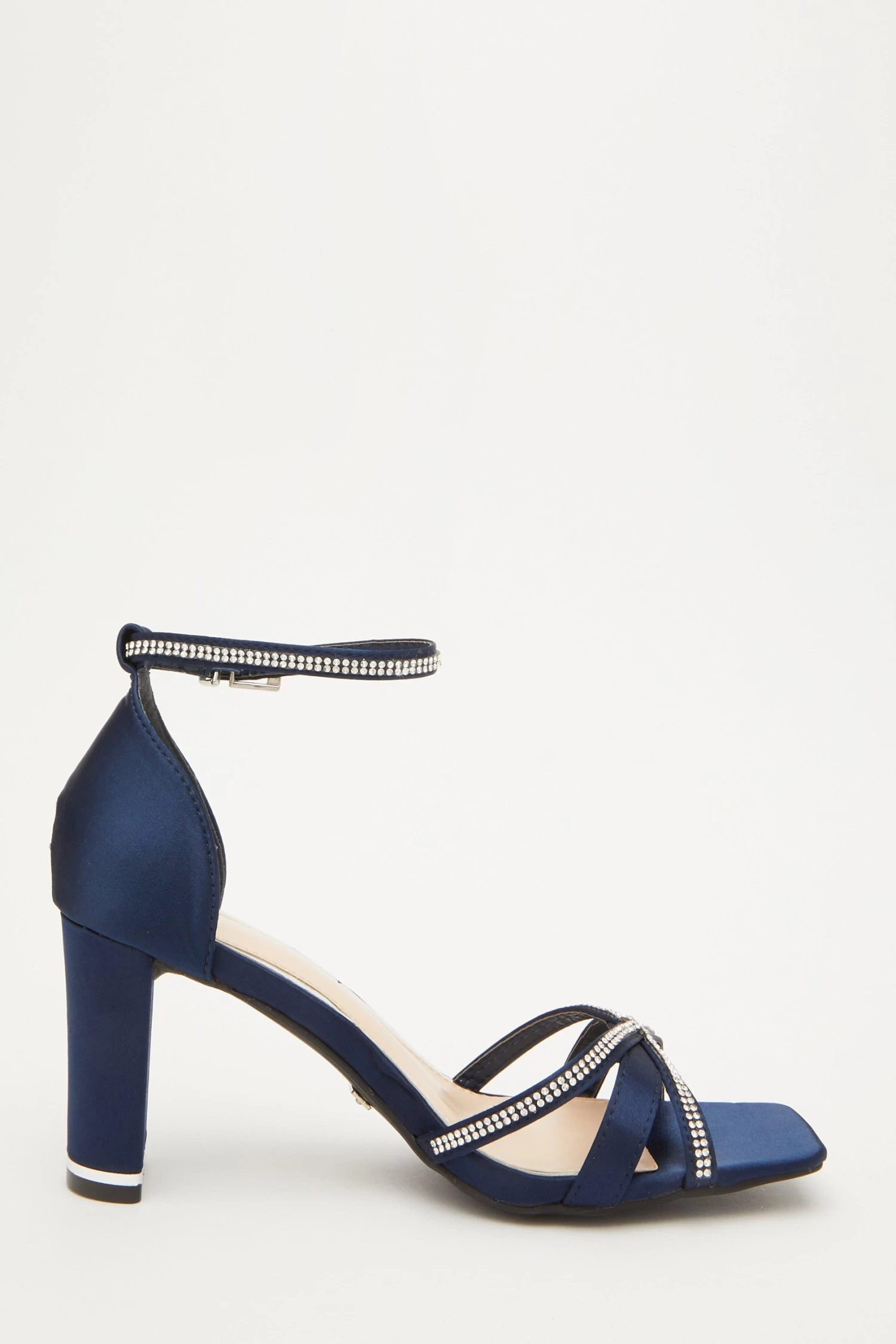 Navy Satin Cross Strap Heeled Sandals - Image 6