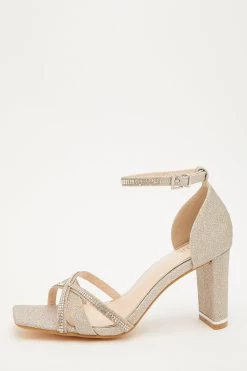 Gold Shimmer Cross Strap Heeled Sandals