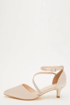 Champagne Satin Asymmetric Strap Court Heels