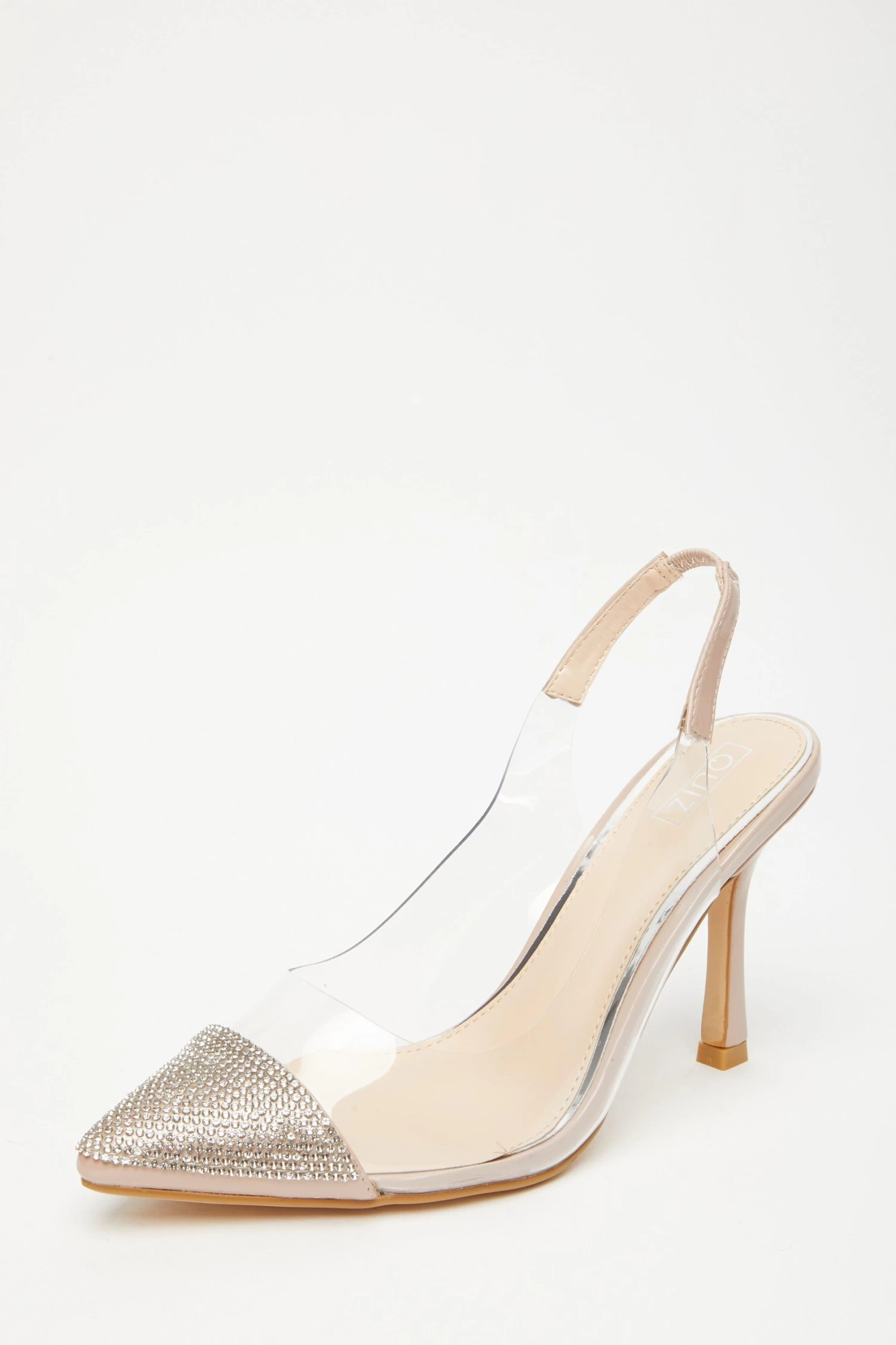 Nude Diamante Clear Court Heels - Image 3