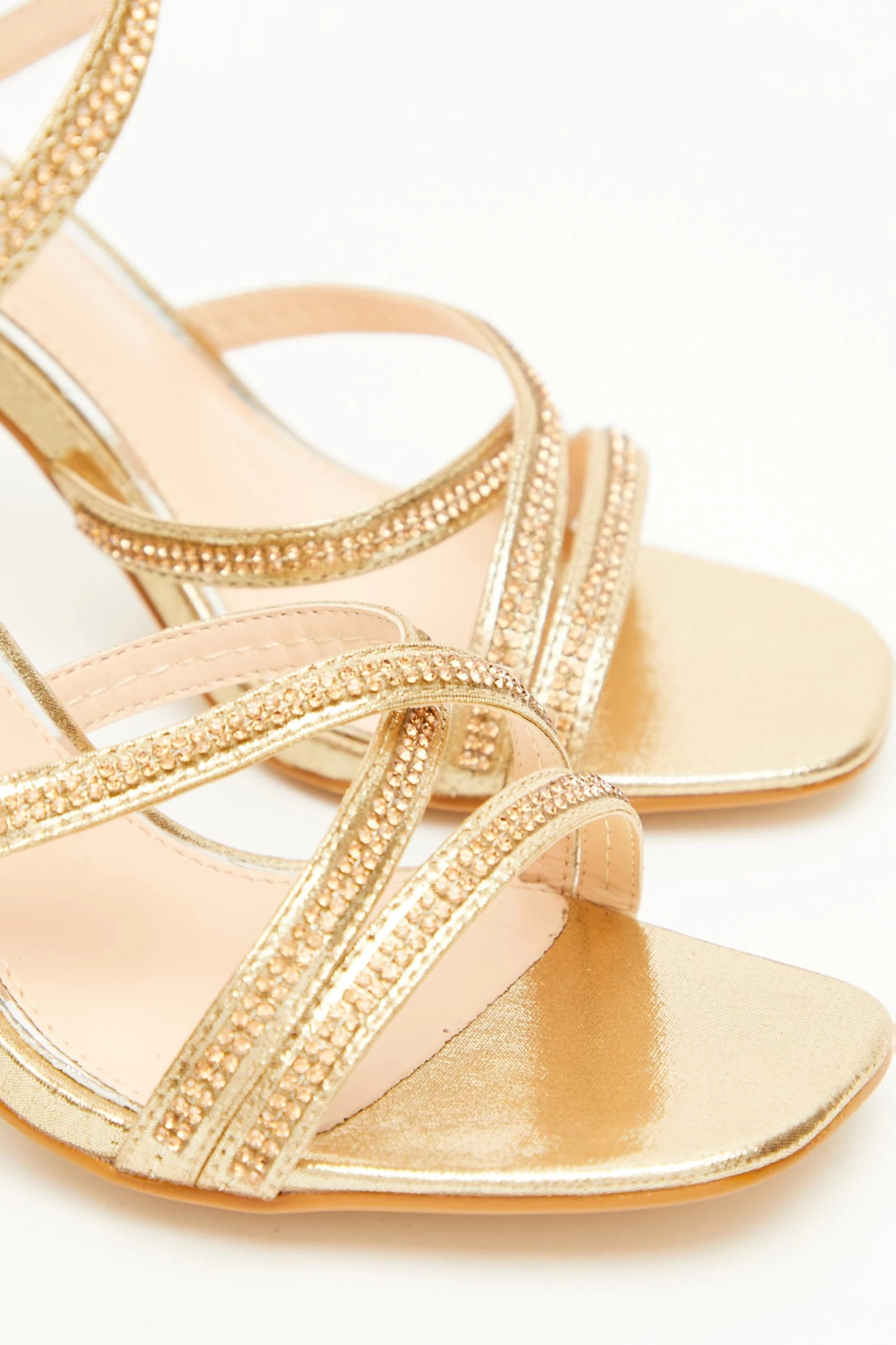 Gold Diamante Ankle Tie Heeled Sandals - Image 4