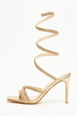 Gold Diamante Ankle Tie Heeled Sandals