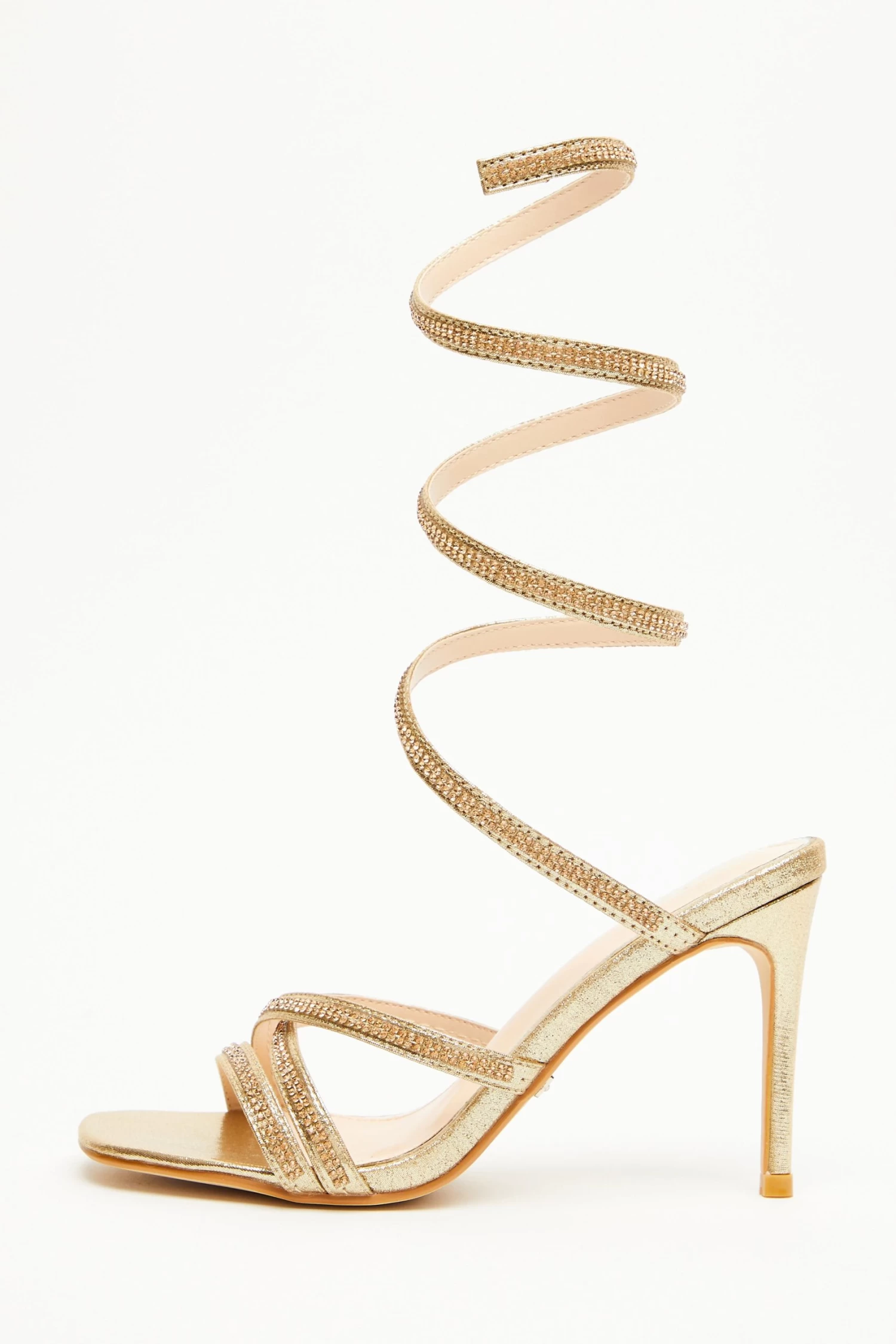 Gold Diamante Ankle Tie Heeled Sandals