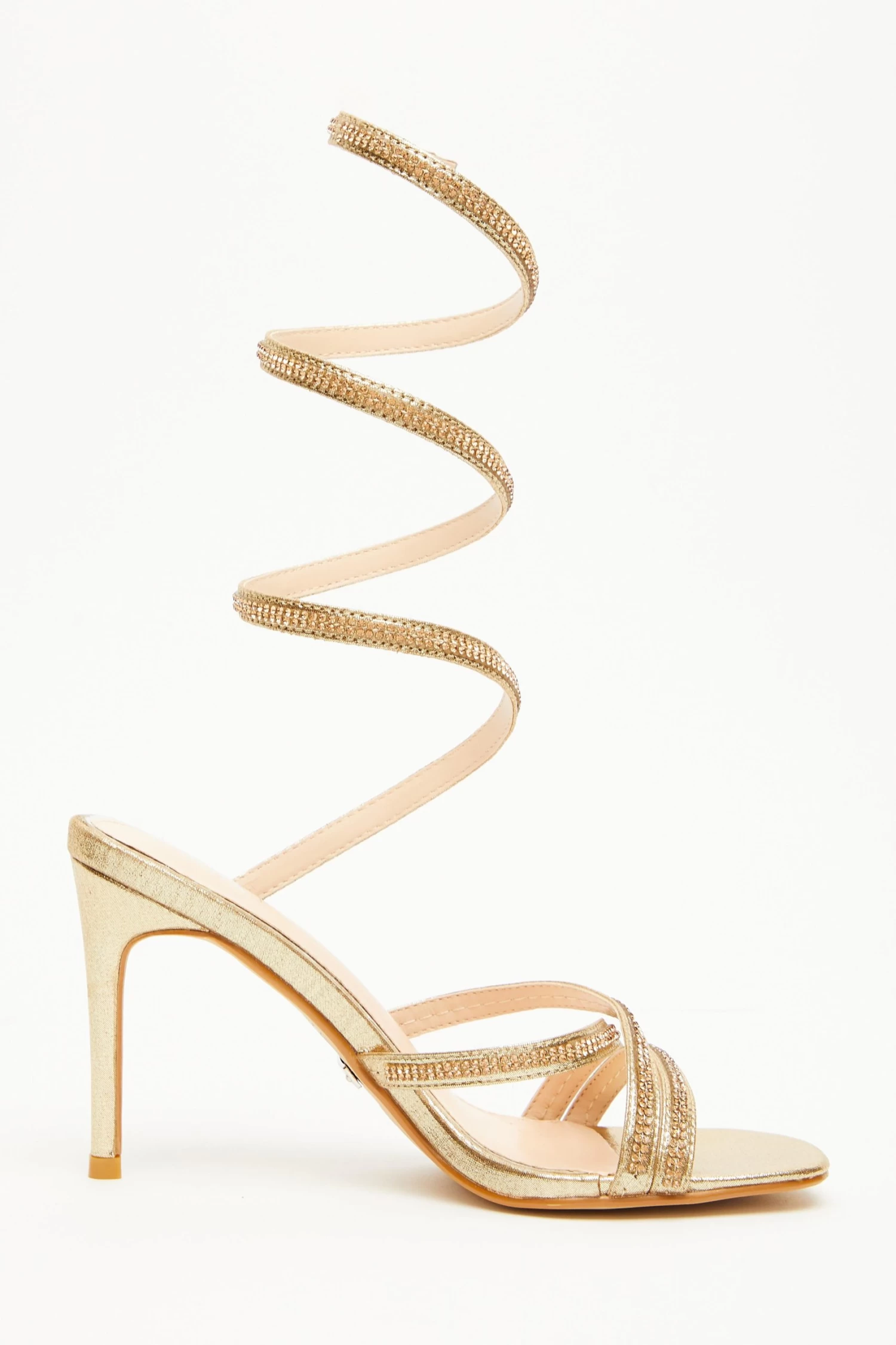 Gold Diamante Ankle Tie Heeled Sandals - Image 6