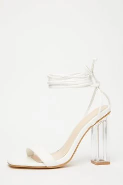 White Clear Ankle Tie Heeled Sandals