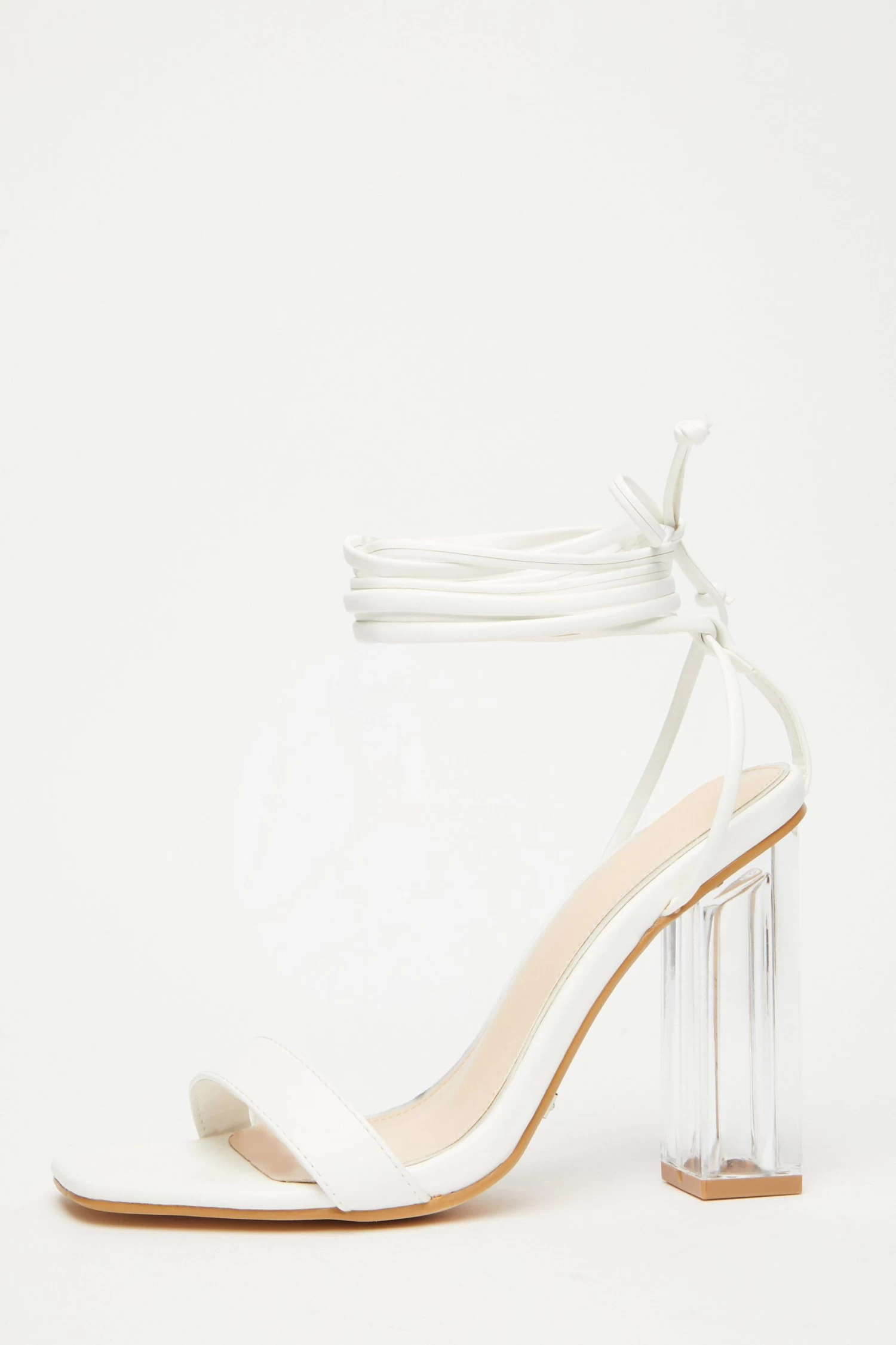 White Clear Ankle Tie Heeled Sandals
