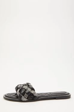 Black Faux Leather Woven Mule Sandals