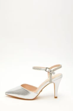 Wide Fit Silver Diamante Strap Court Heels
