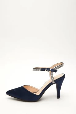 Wide Fit Navy Diamante Strap Court Heels