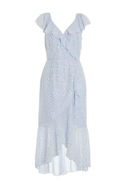 Blue Foil Polka Dot Wrap Midi Dress