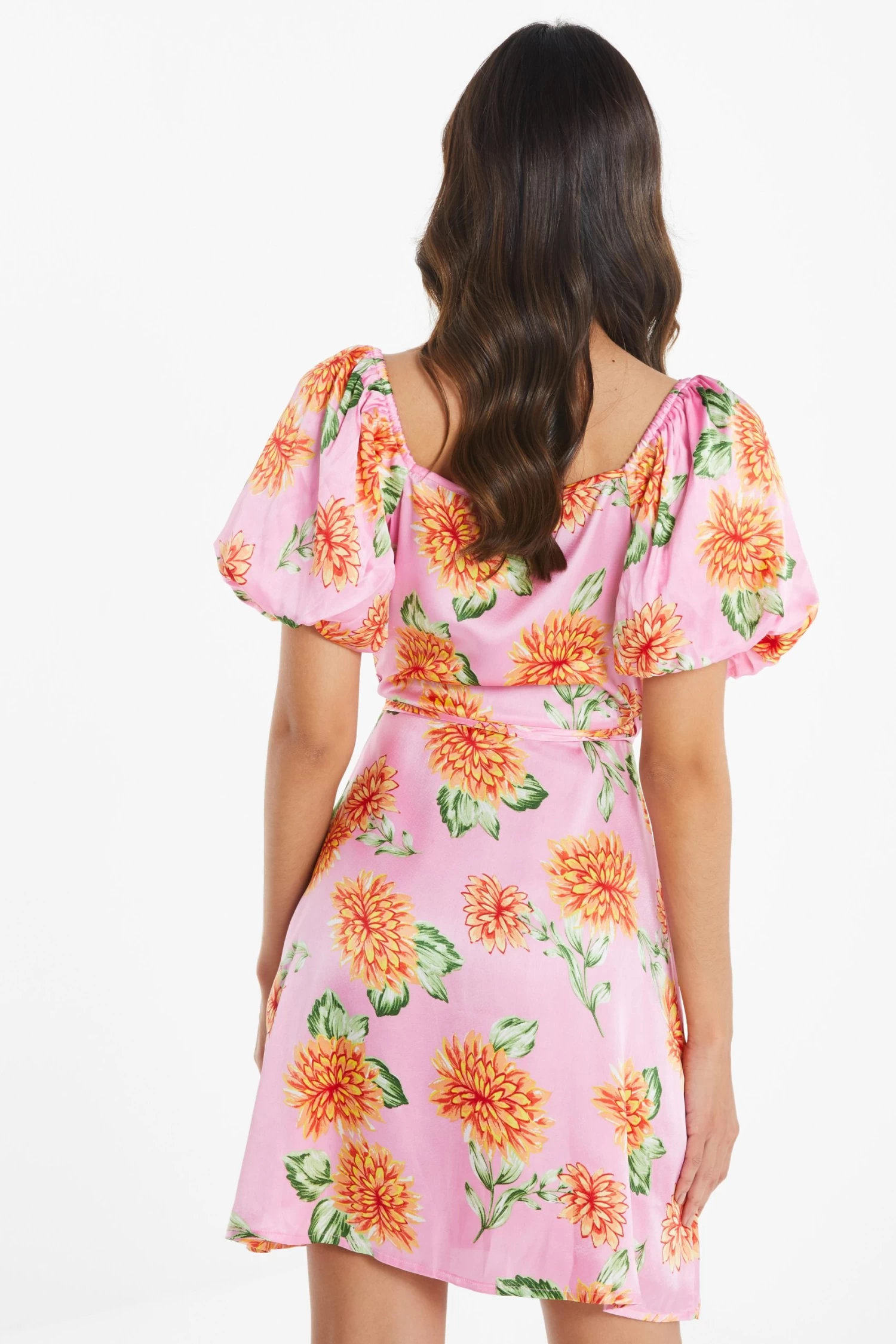 Pink Floral Satin Mini Skater Dress - Image 3