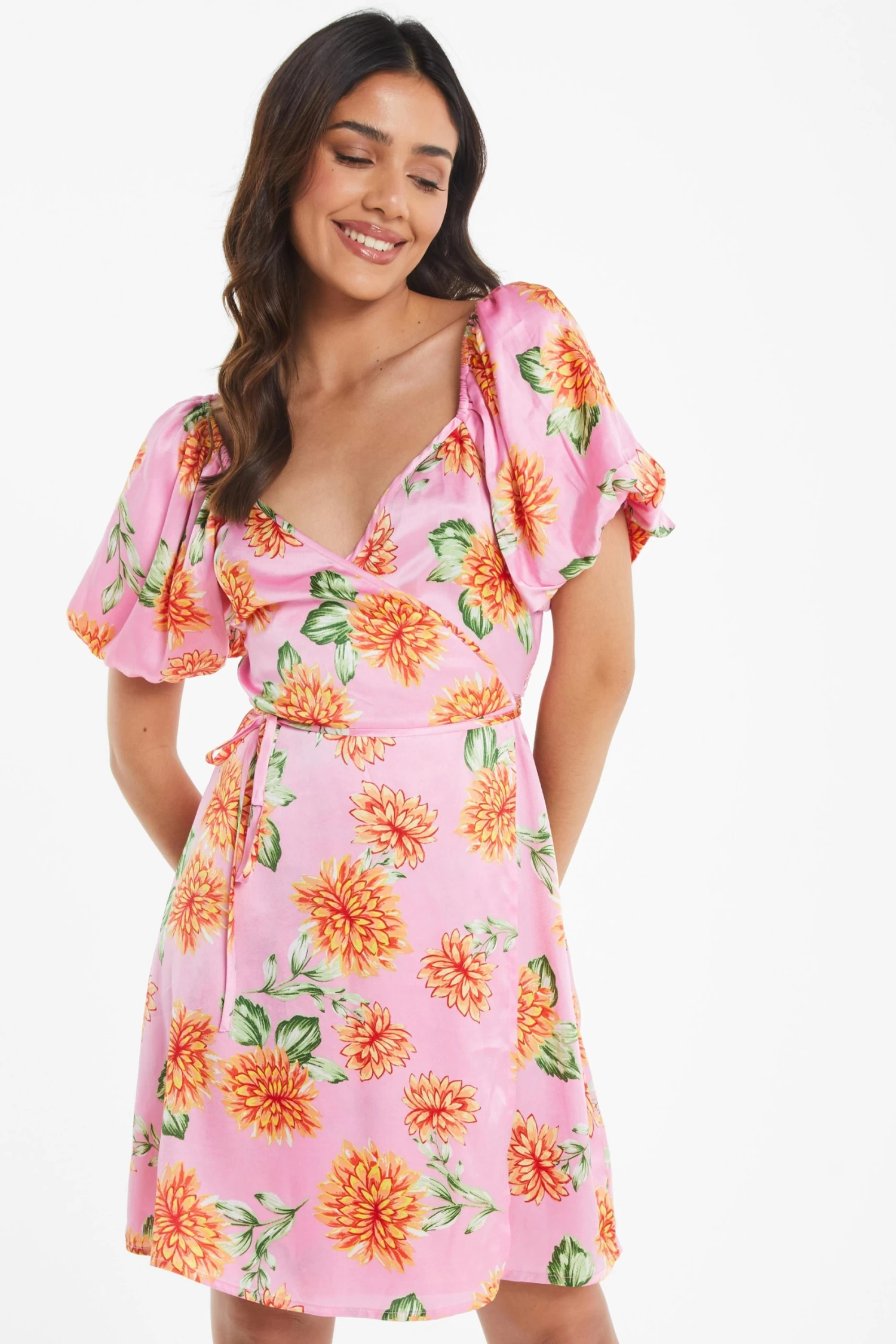 Pink Floral Satin Mini Skater Dress - Image 2