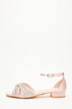 Wide Fit Pink Diamante Cross Strap Flat Sandals