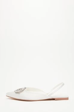 Bridal White Satin Brooch Flat Pumps