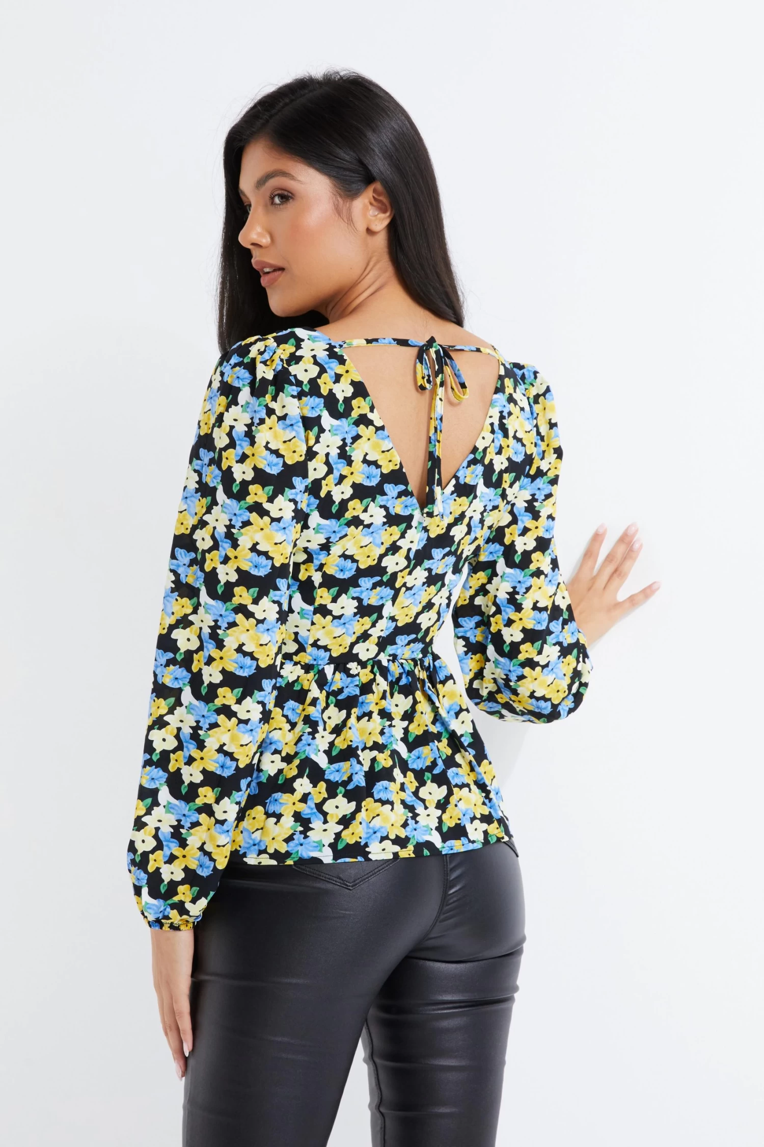 Blue Floral Chiffon Peplum Top - Image 3