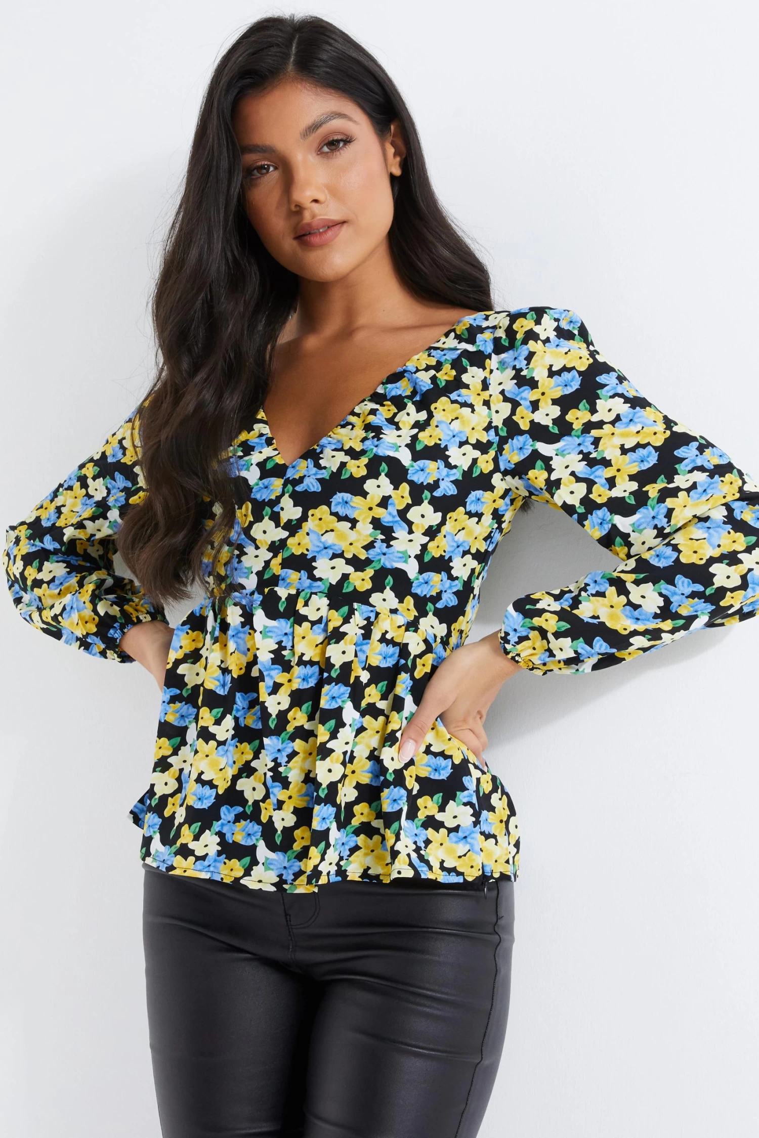 Blue Floral Chiffon Peplum Top - Image 2