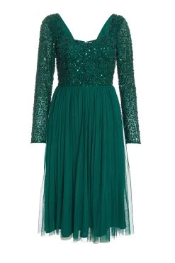 Petite Green Embellished Tulle Midi Dress