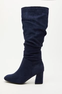 Wide Fit Navy Faux Suede Ruched Heeled Boots