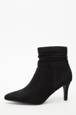 Black Faux Suede Ruched Heeled Ankle Boots