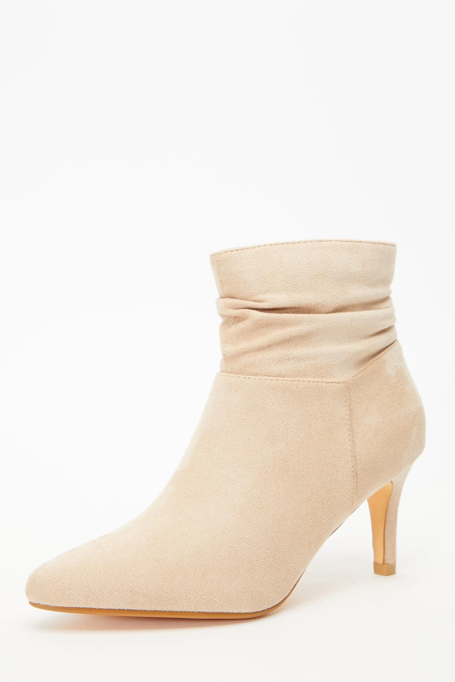 Cream Faux Suede Ruched Heeled Ankle Boots - Image 3