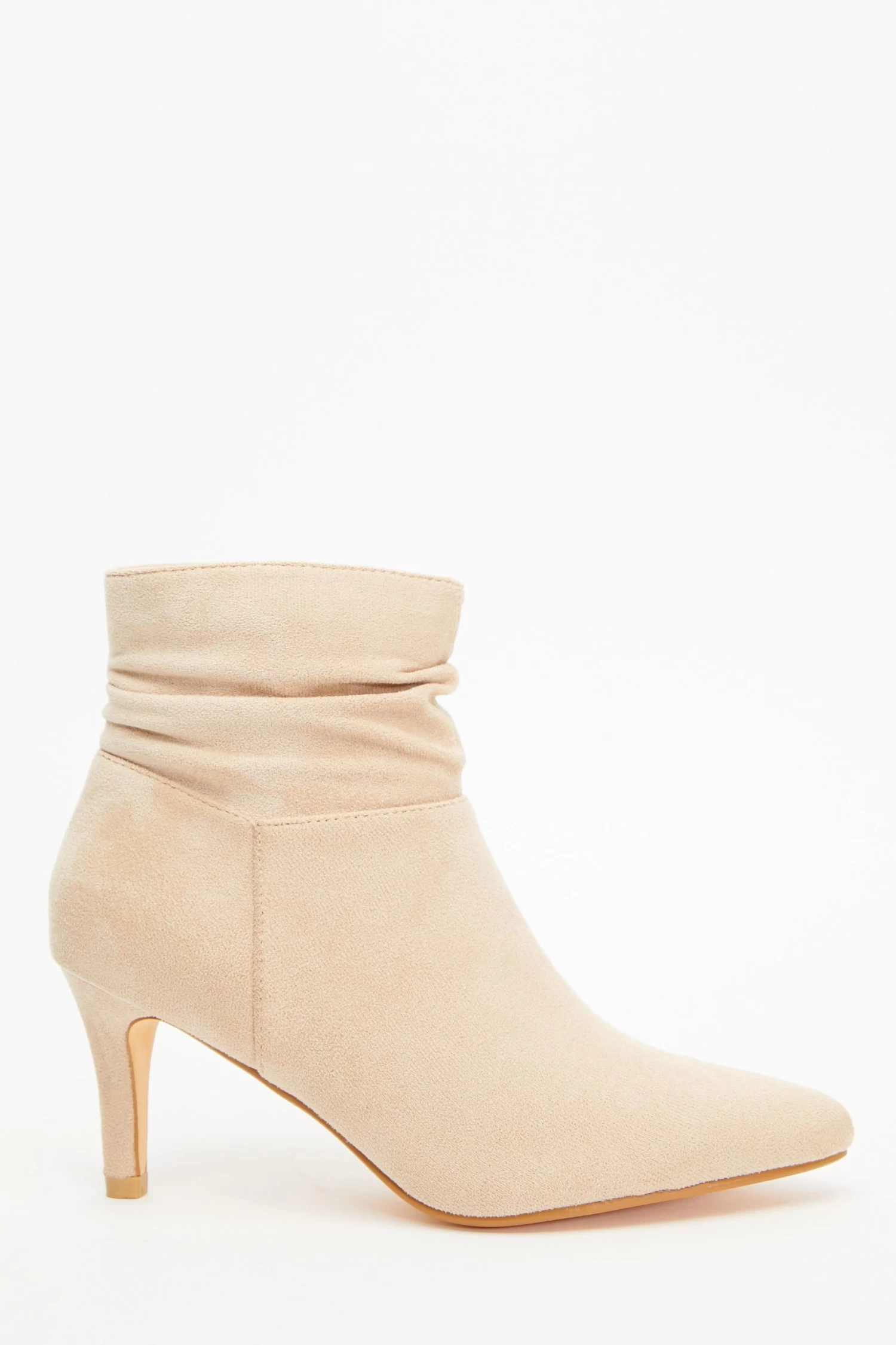 Cream Faux Suede Ruched Heeled Ankle Boots - Image 2