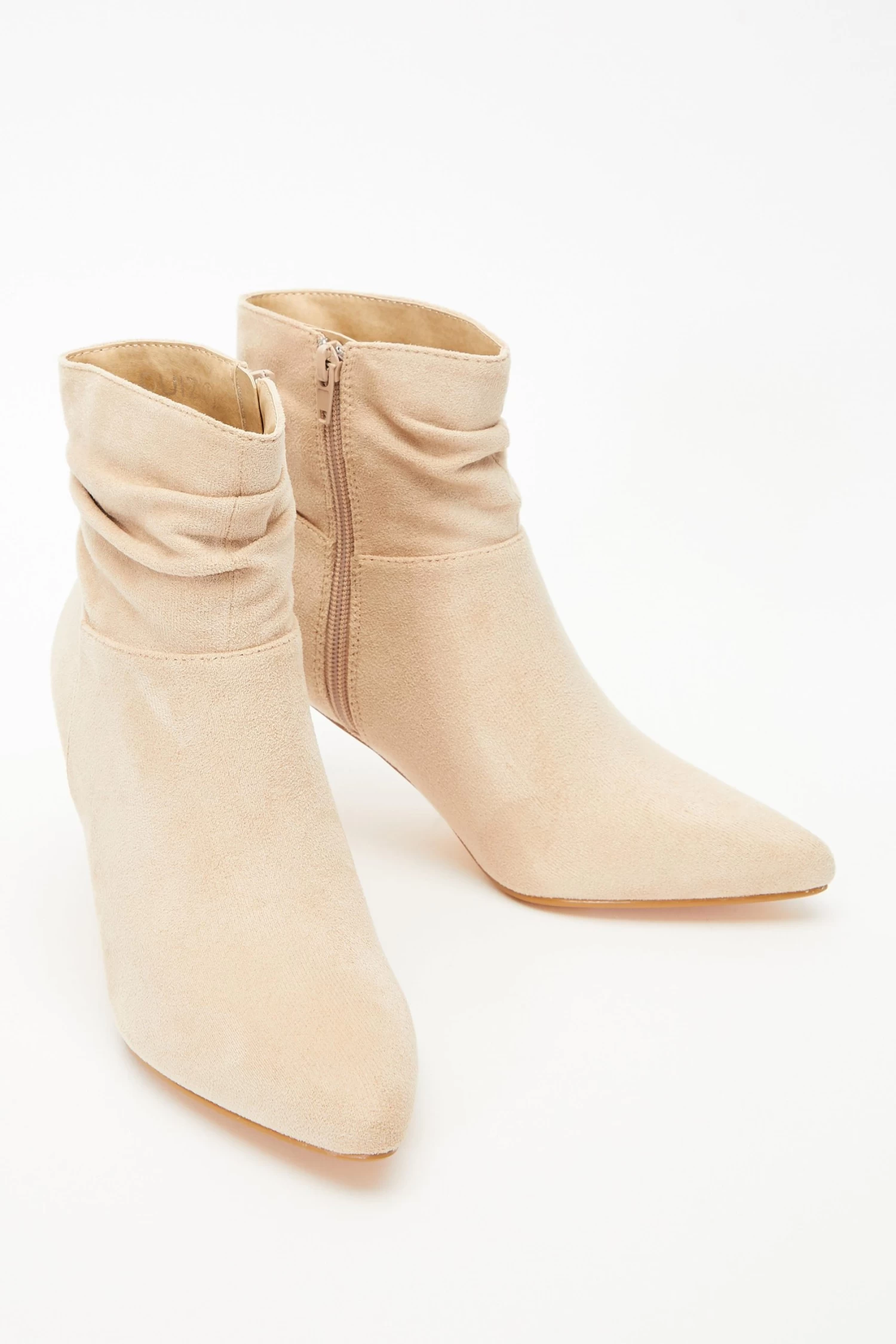 Cream Faux Suede Ruched Heeled Ankle Boots - Image 4