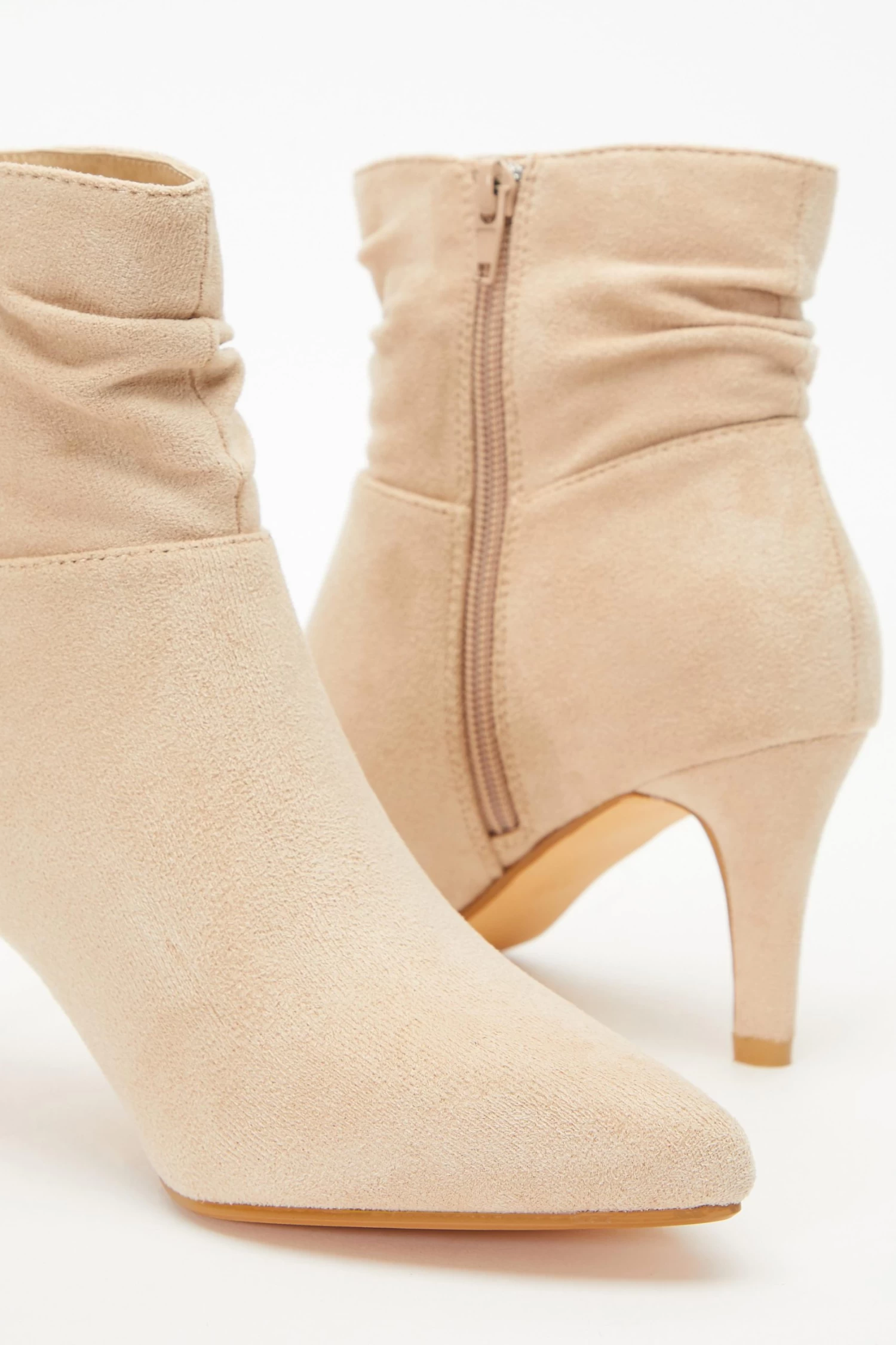 Cream Faux Suede Ruched Heeled Ankle Boots - Image 5