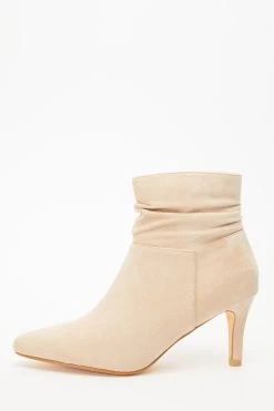 Cream Faux Suede Ruched Heeled Ankle Boots
