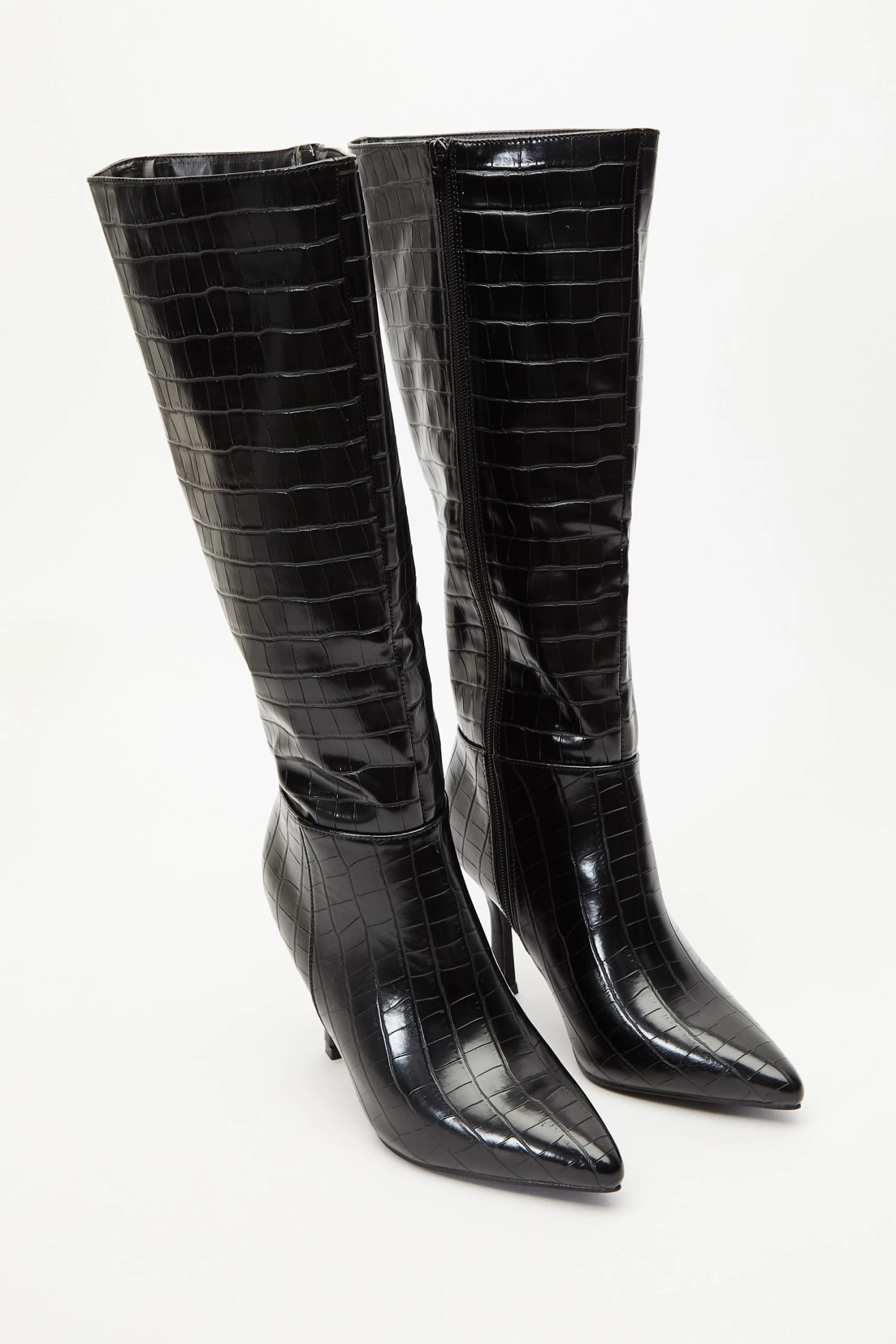 Black Crocodile Knee High Heeled Boots - Image 4