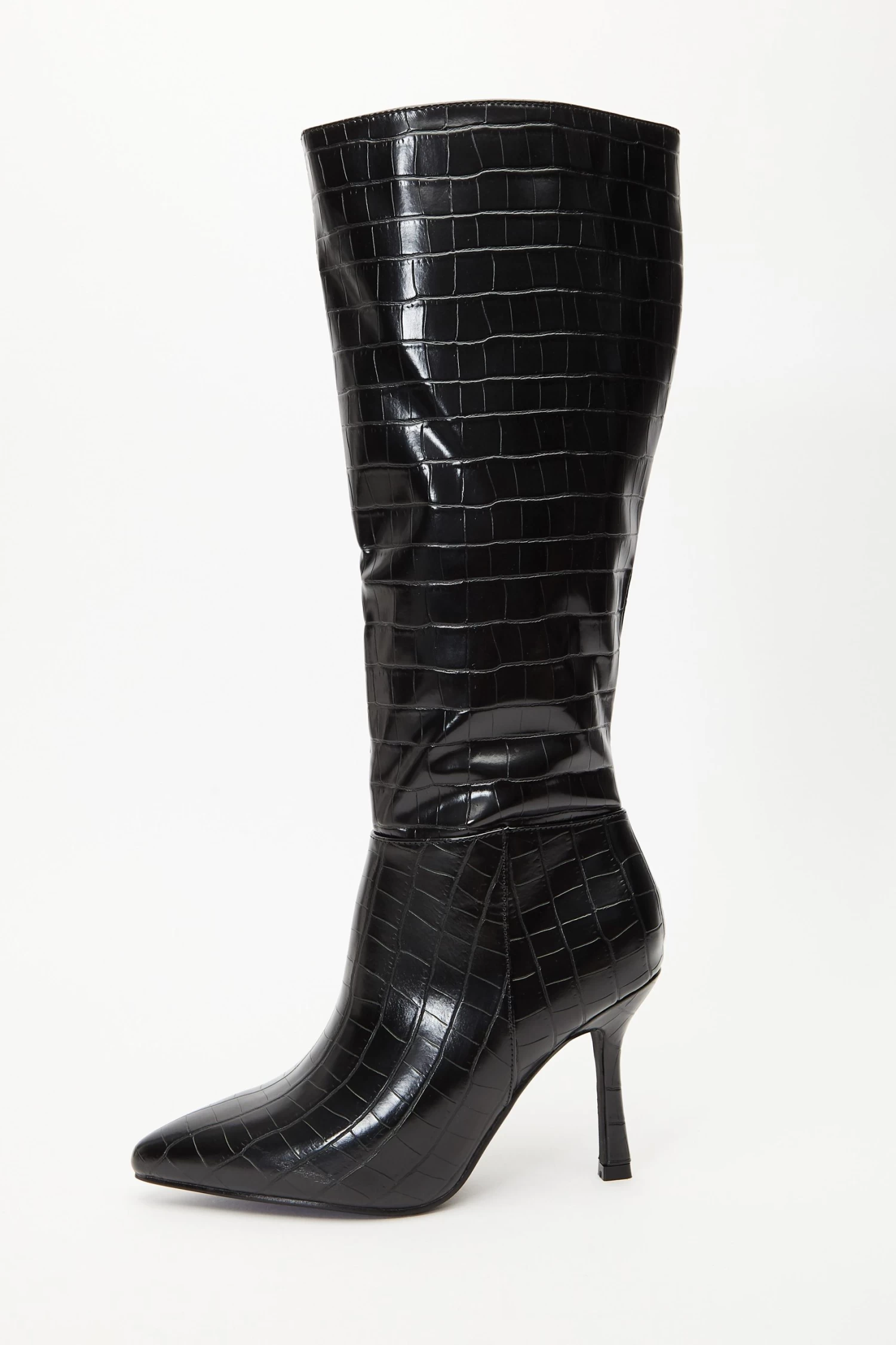 Black Crocodile Knee High Heeled Boots