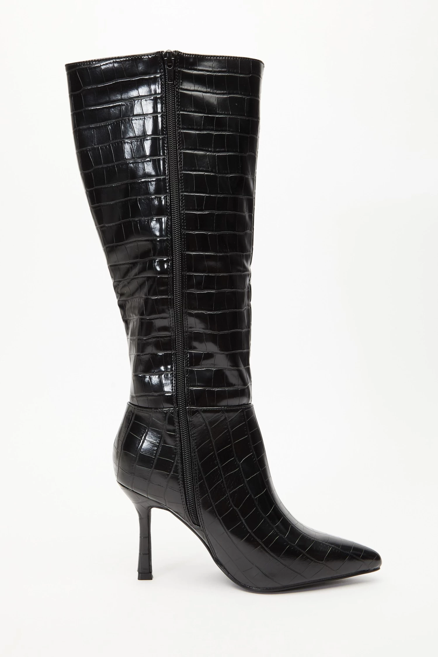 Black Crocodile Knee High Heeled Boots - Image 6