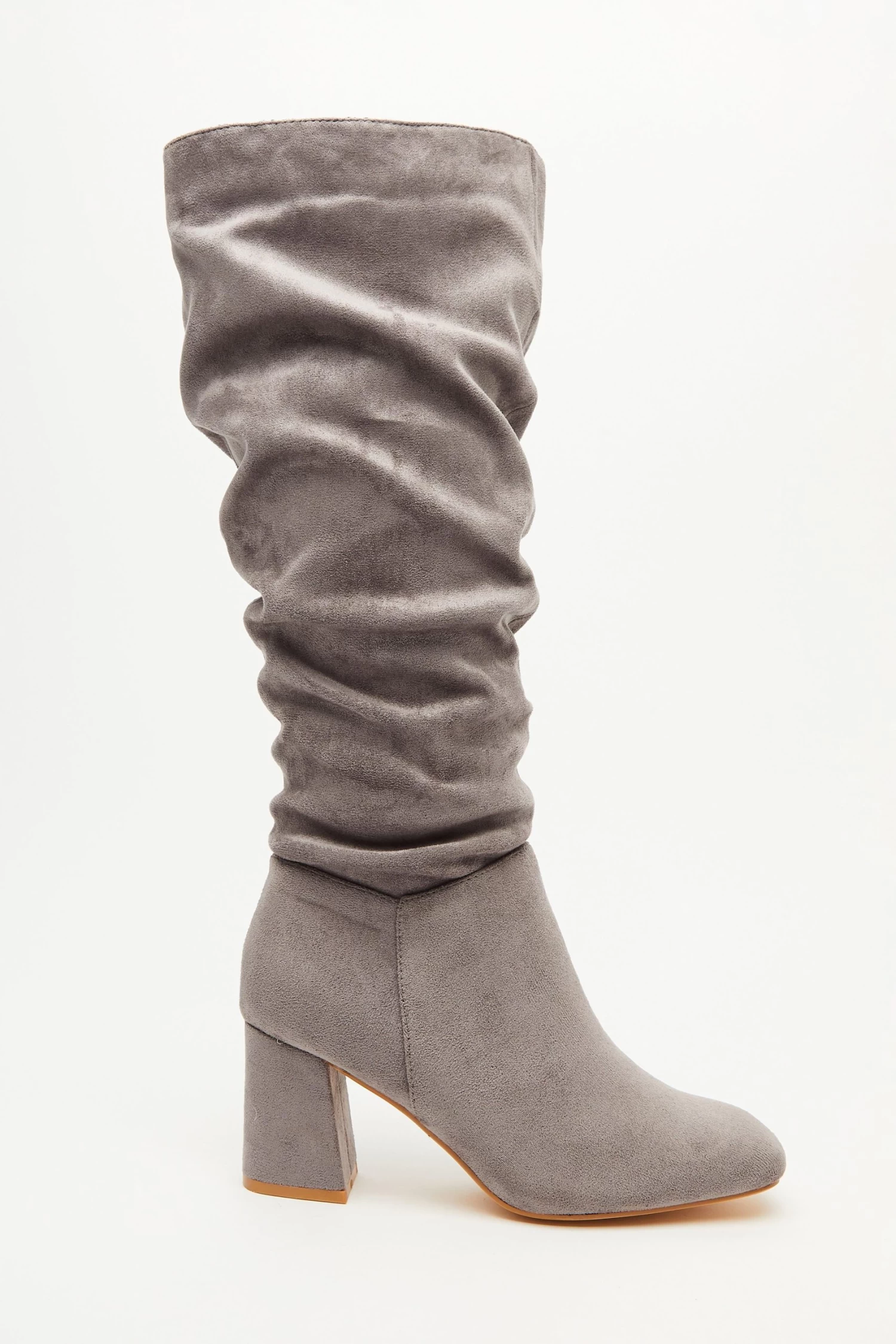 Wide Fit Grey Faux Suede Ruched Heeled Boots - Image 2
