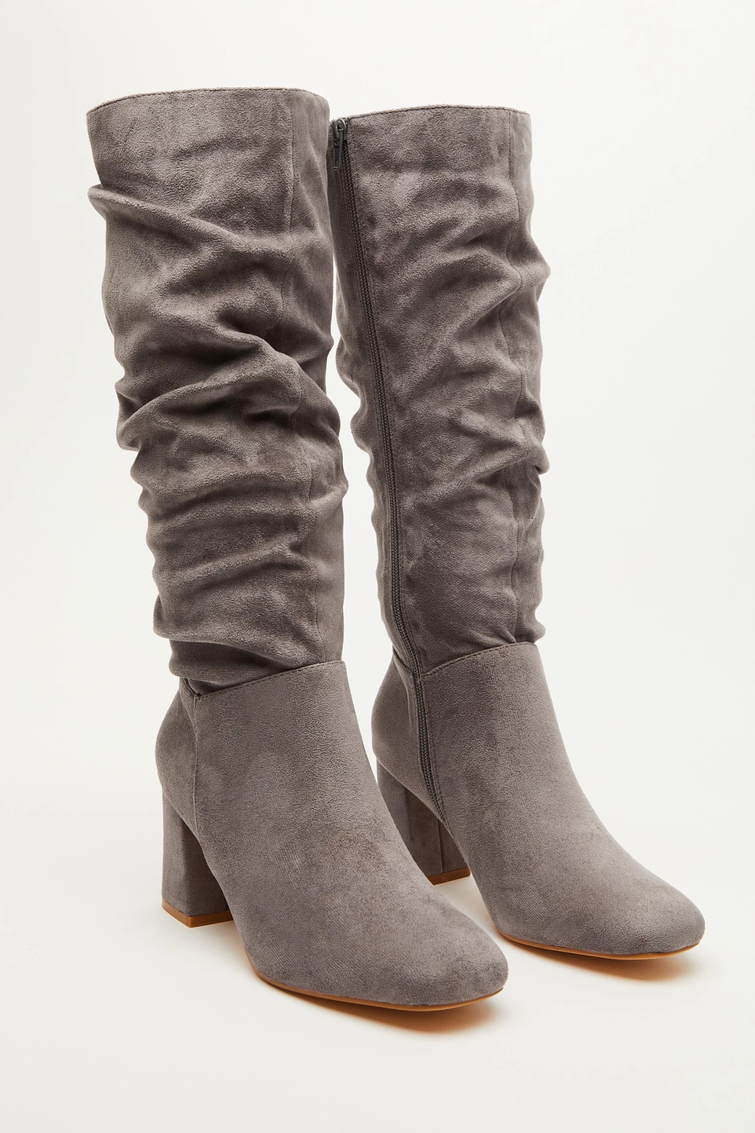 Wide Fit Grey Faux Suede Ruched Heeled Boots - Image 4
