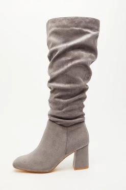 Wide Fit Grey Faux Suede Ruched Heeled Boots