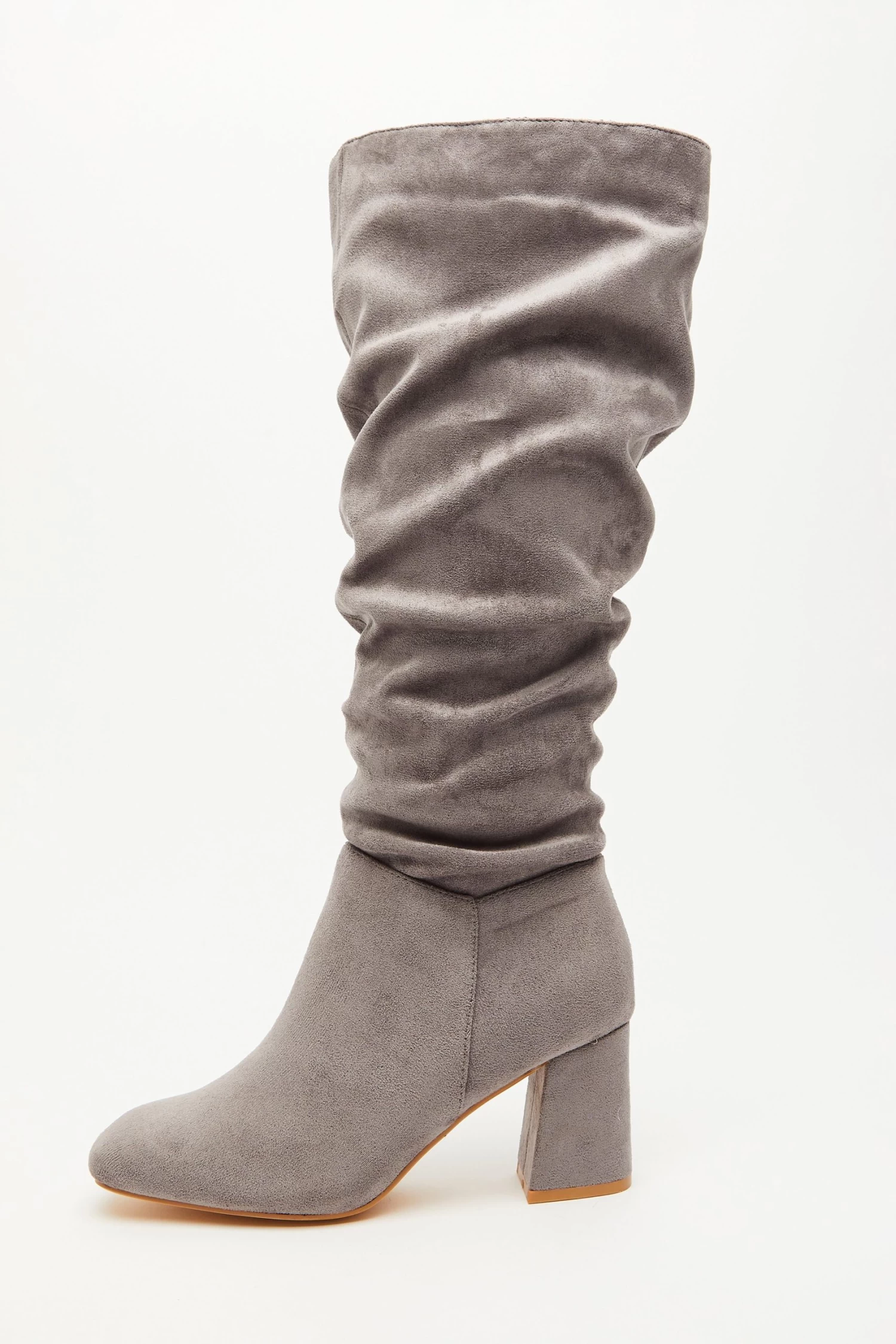 Wide Fit Grey Faux Suede Ruched Heeled Boots
