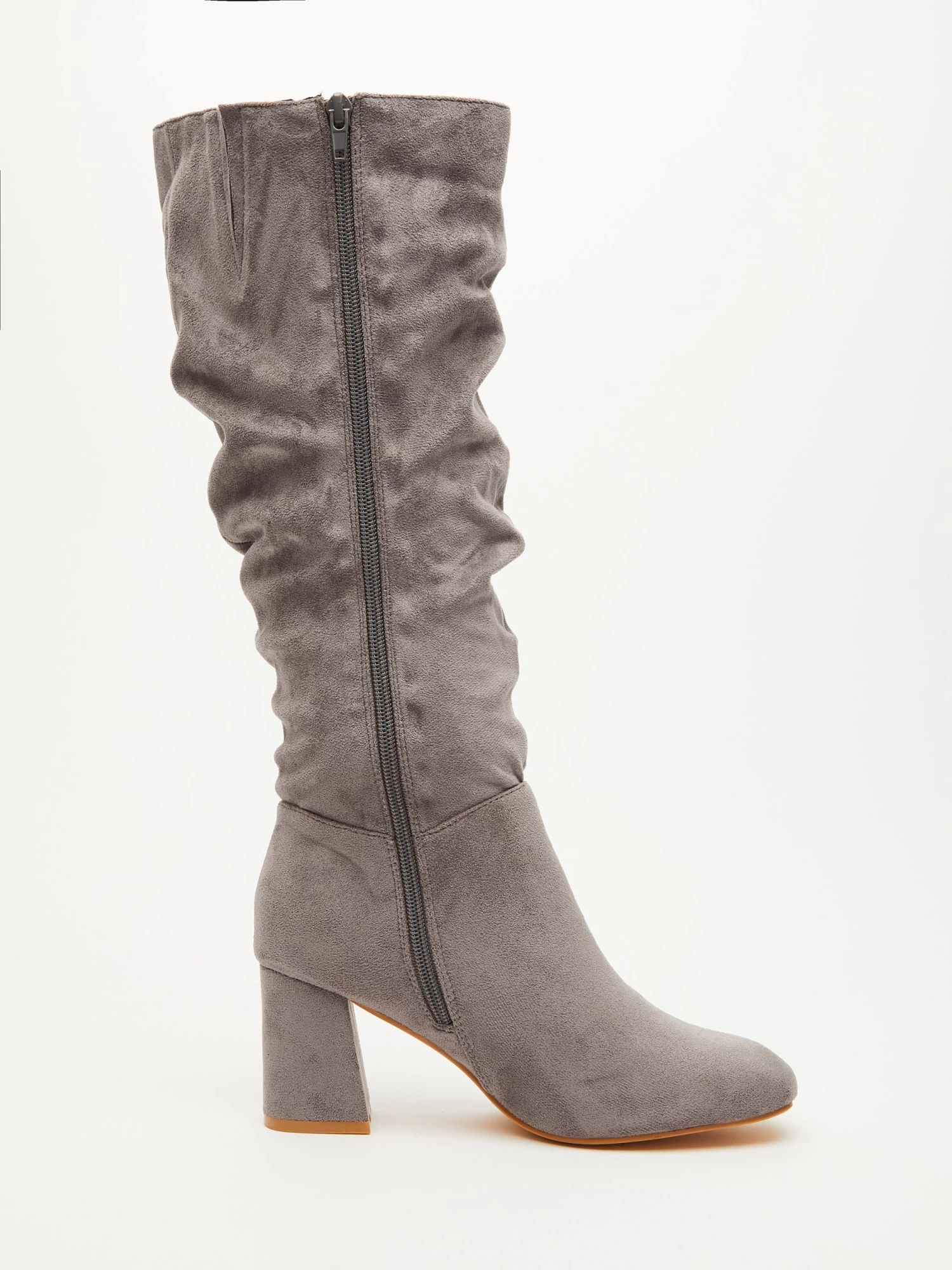 Wide Fit Grey Faux Suede Ruched Heeled Boots - Image 6