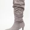 Grey Ruched Knee High Heeled Boots