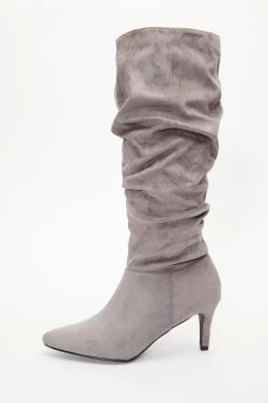 Grey Ruched Knee High Heeled Boots