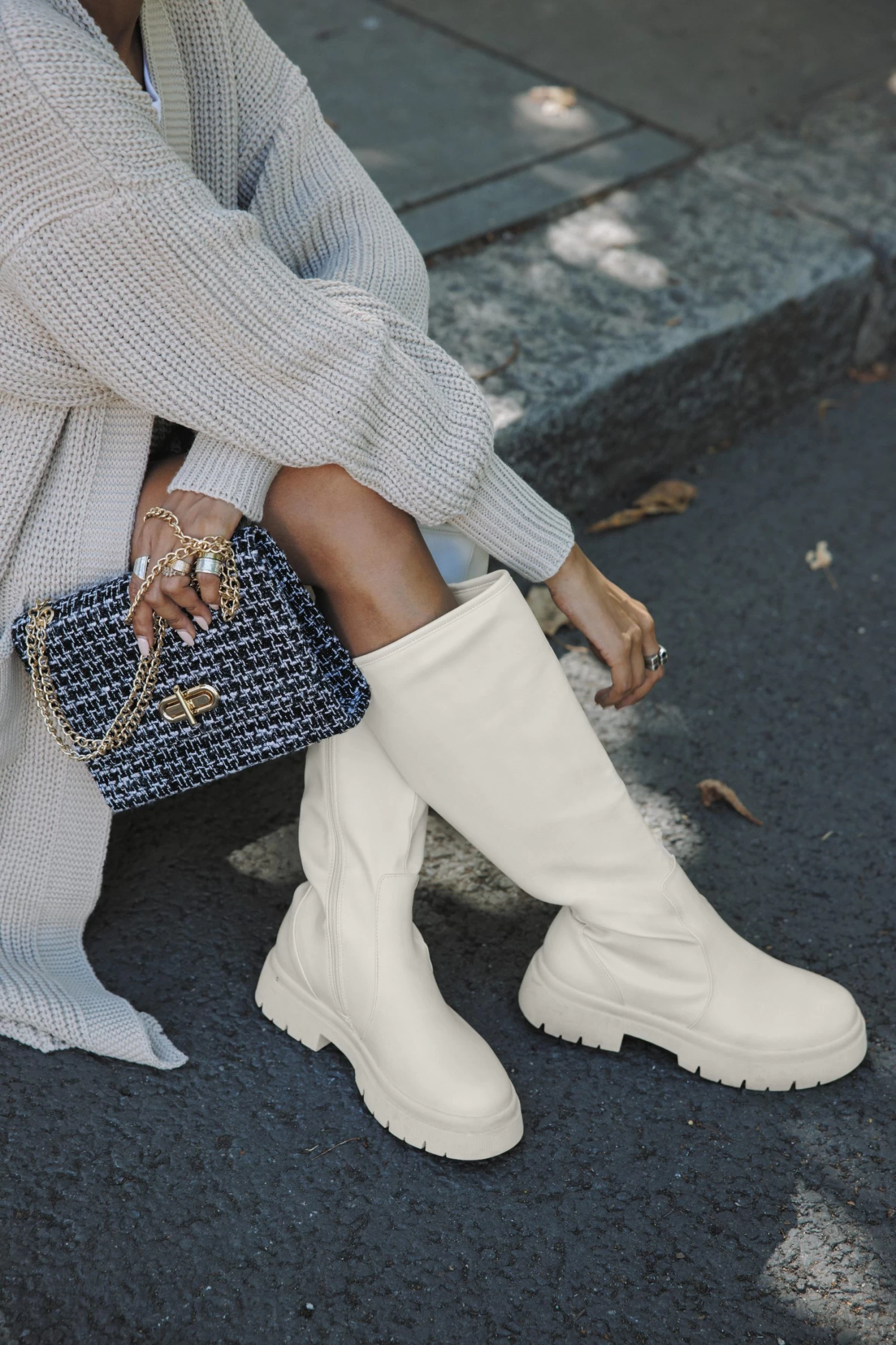 Cream Knee High Chunky Boots - Image 2