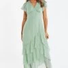 Sage Metallic Chiffon Tiered Maxi Dress