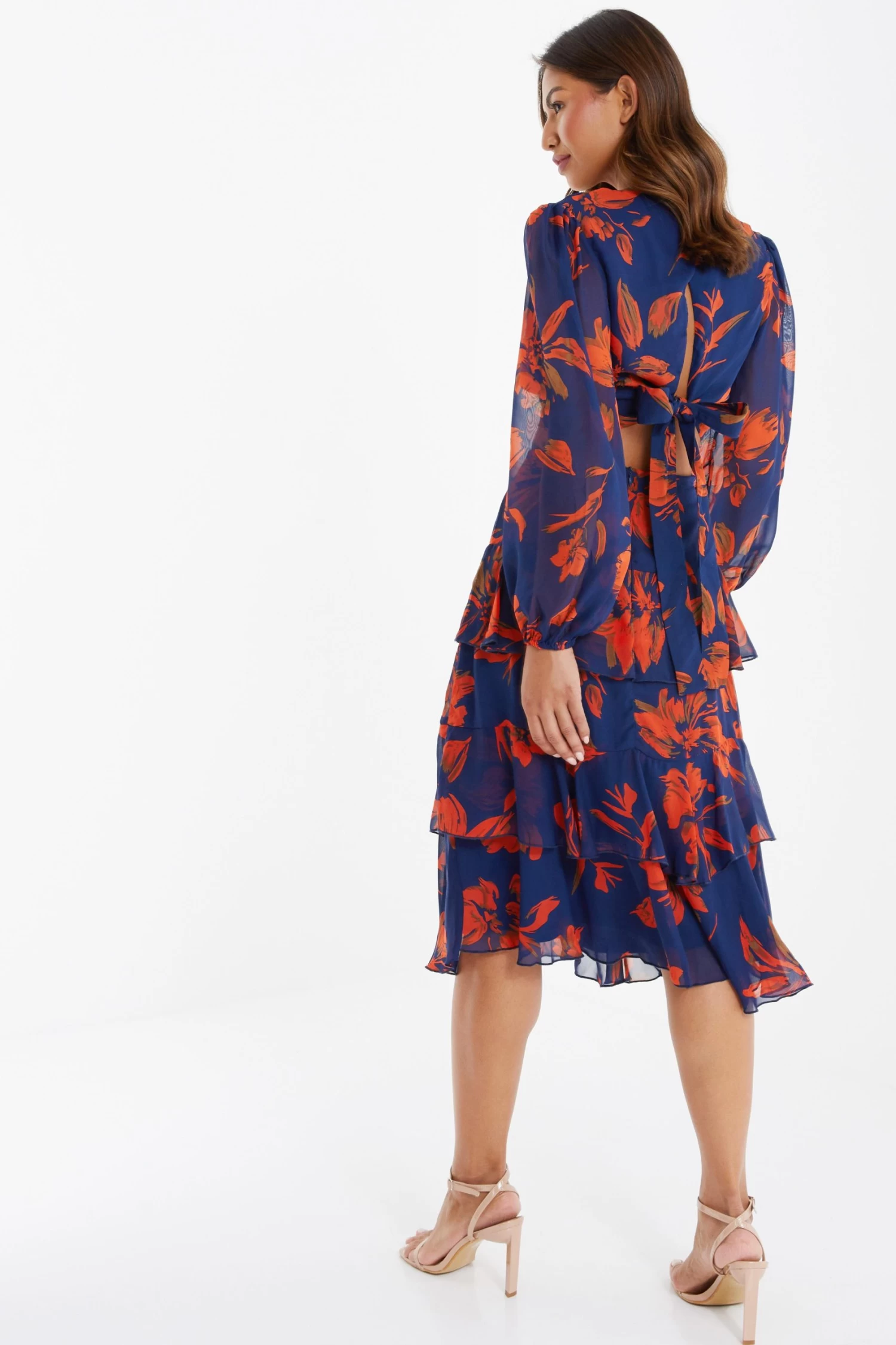 Orange Floral Chiffon Tiered Midi Skirt - Image 3