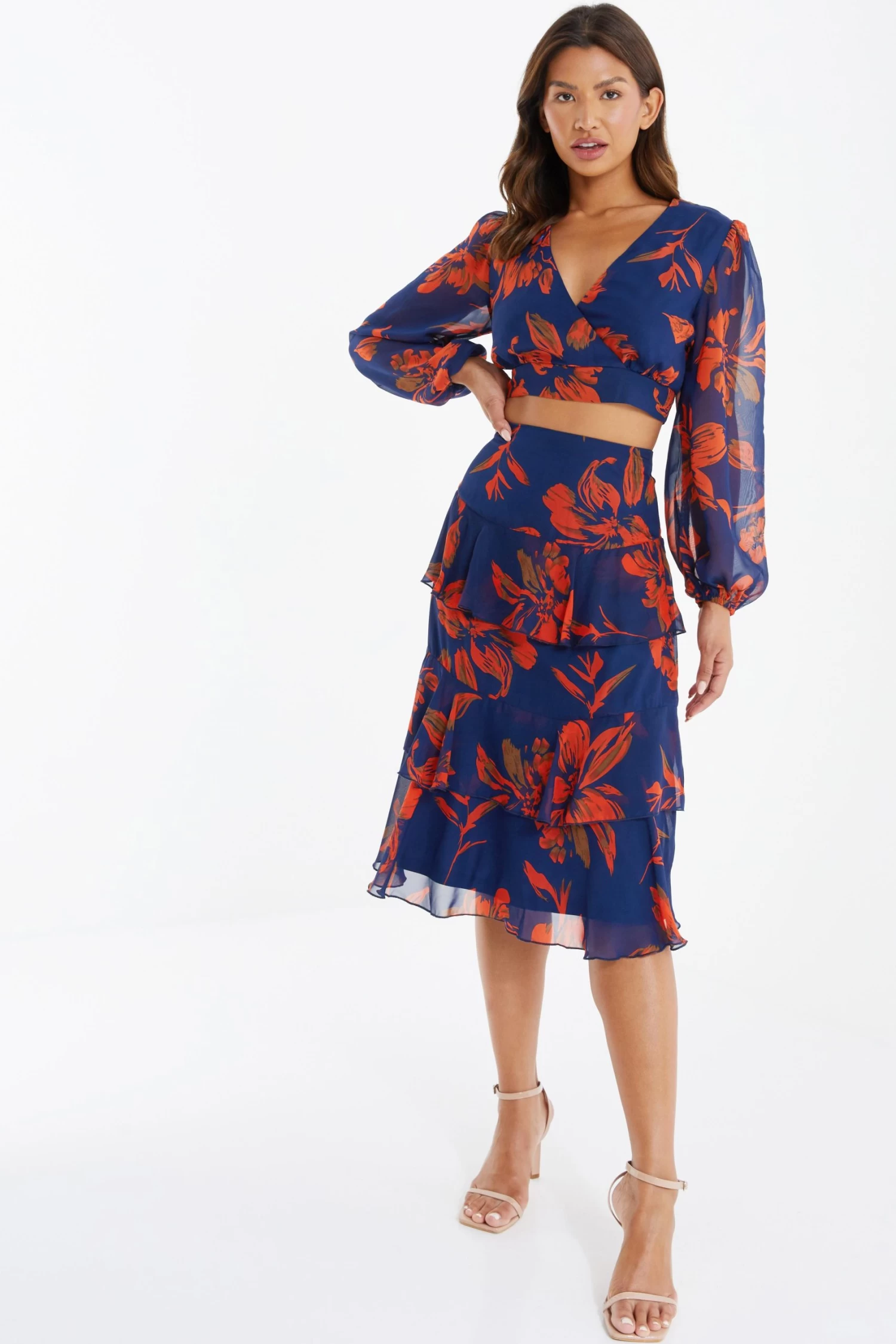 Orange Floral Chiffon Tiered Midi Skirt - Image 2