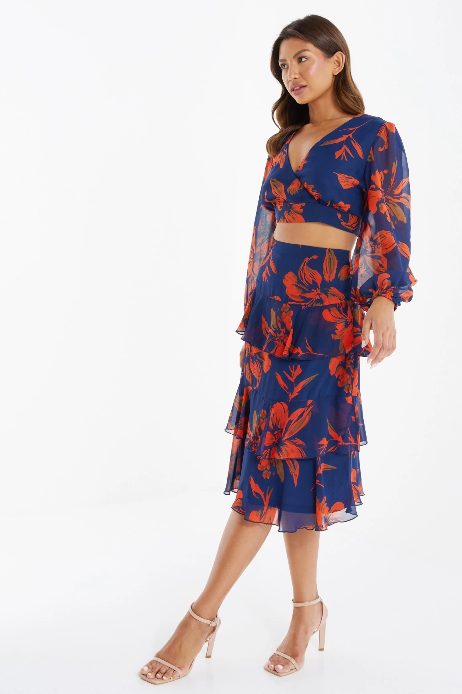 Orange Floral Chiffon Tiered Midi Skirt - Image 4