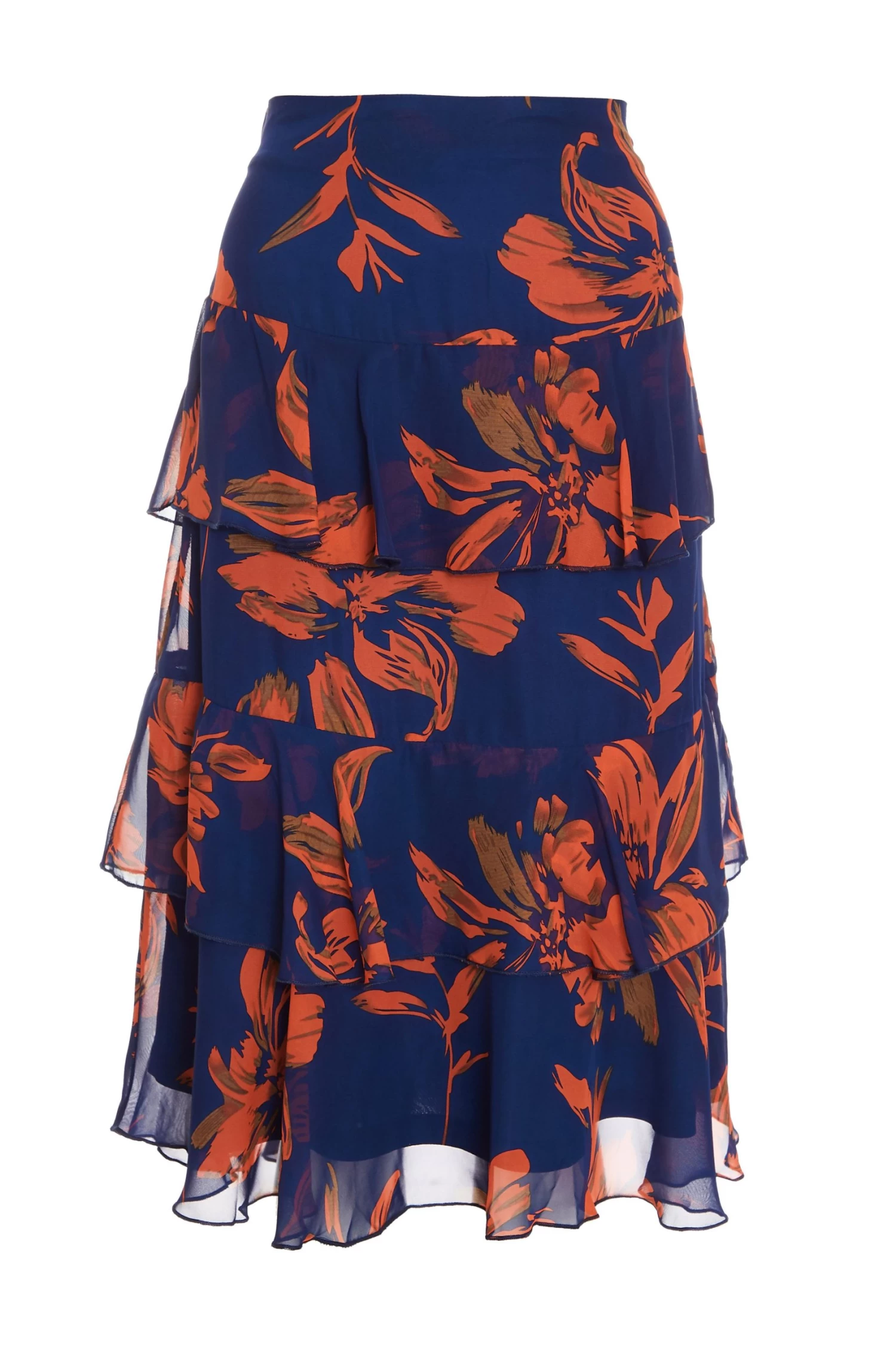 Orange Floral Chiffon Tiered Midi Skirt