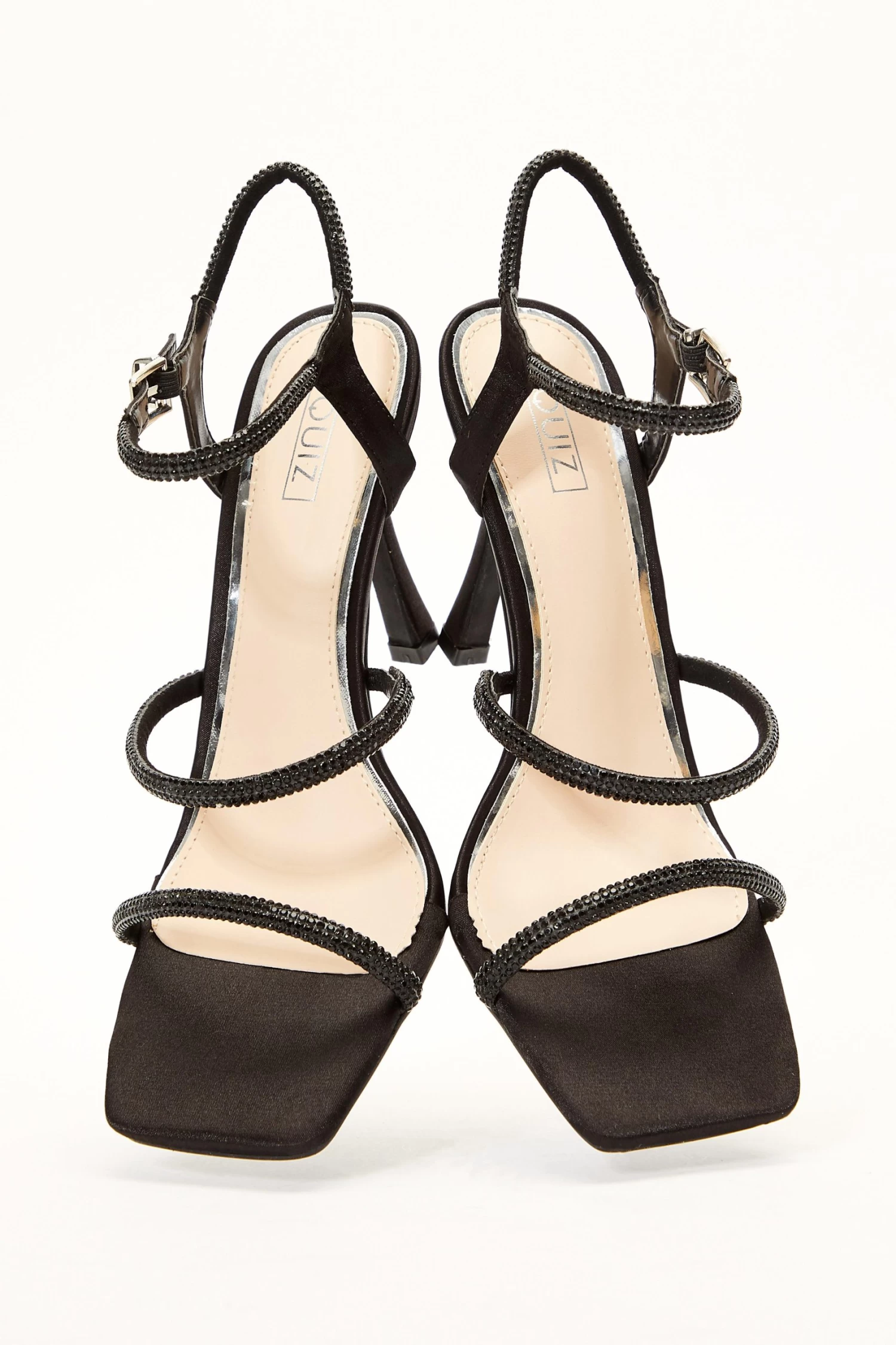 Black Satin Diamante Strap Heeled Sandals - Image 2